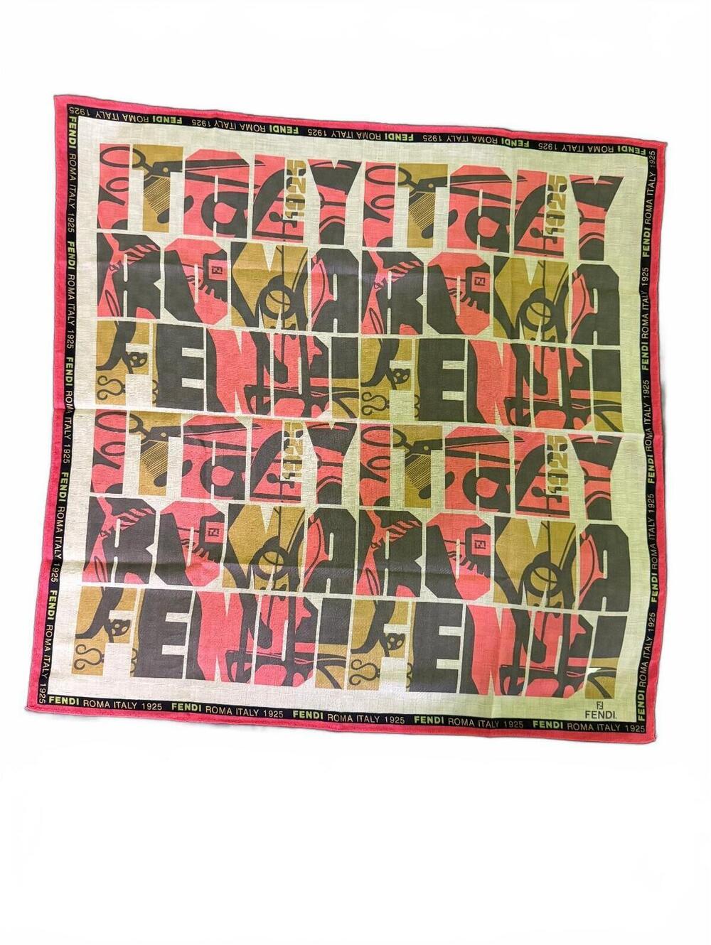 Fendi Roma Italy Vintage Graphic Print Silk Scarf